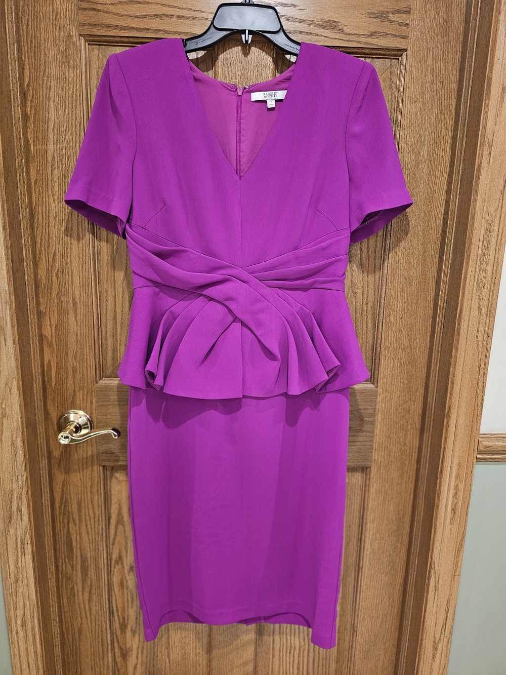Badgley Mischka Fuchsia V-Neck Peplum Midi Dress